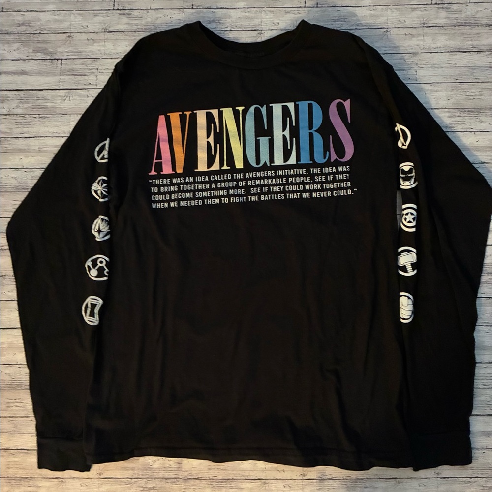 Marvel Black Tee with Multicolor Avengers Text